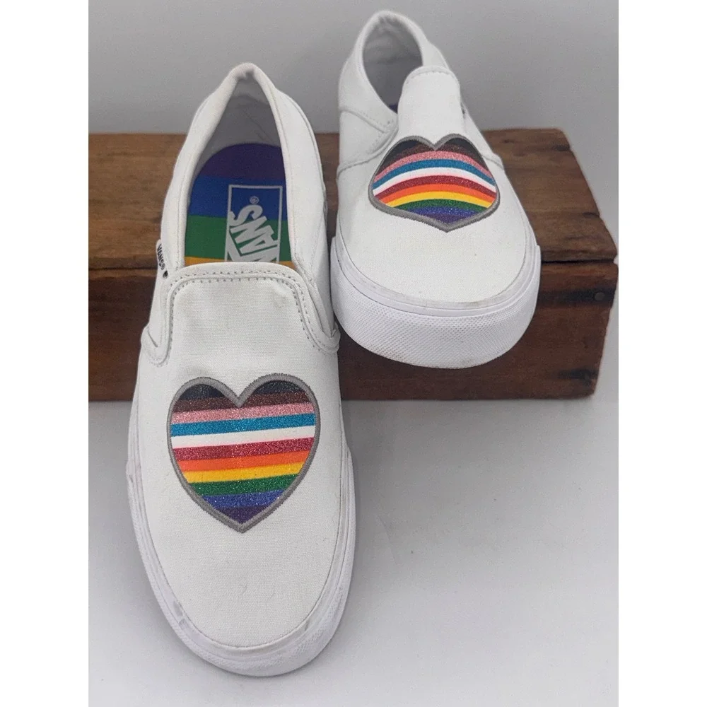 Vans Asher Slip-On Sneakers Womens 7 Pride White Glitter Rainbow Heart 721356